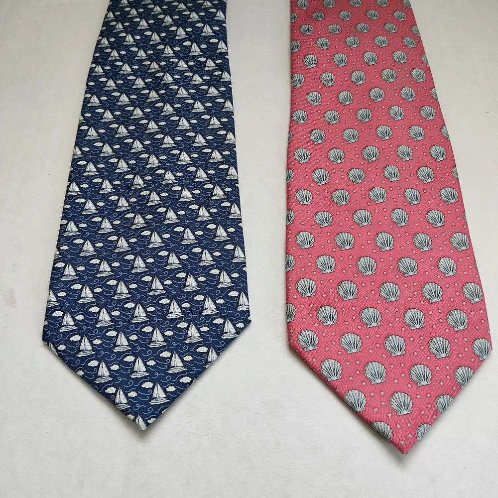Vineyard Vines Set Of 2 Silk Men's Ties Pink Seashells And Blue Boats